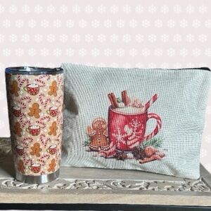 20oz Holiday Tumbler Cup & Accessory Bag with Gingerbread Men & Candy Cane Print
